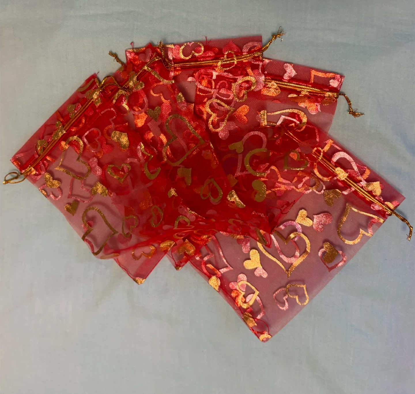 💝 5 Red Mesh Drawstring Pouches with Hearts🏆 - photo 4