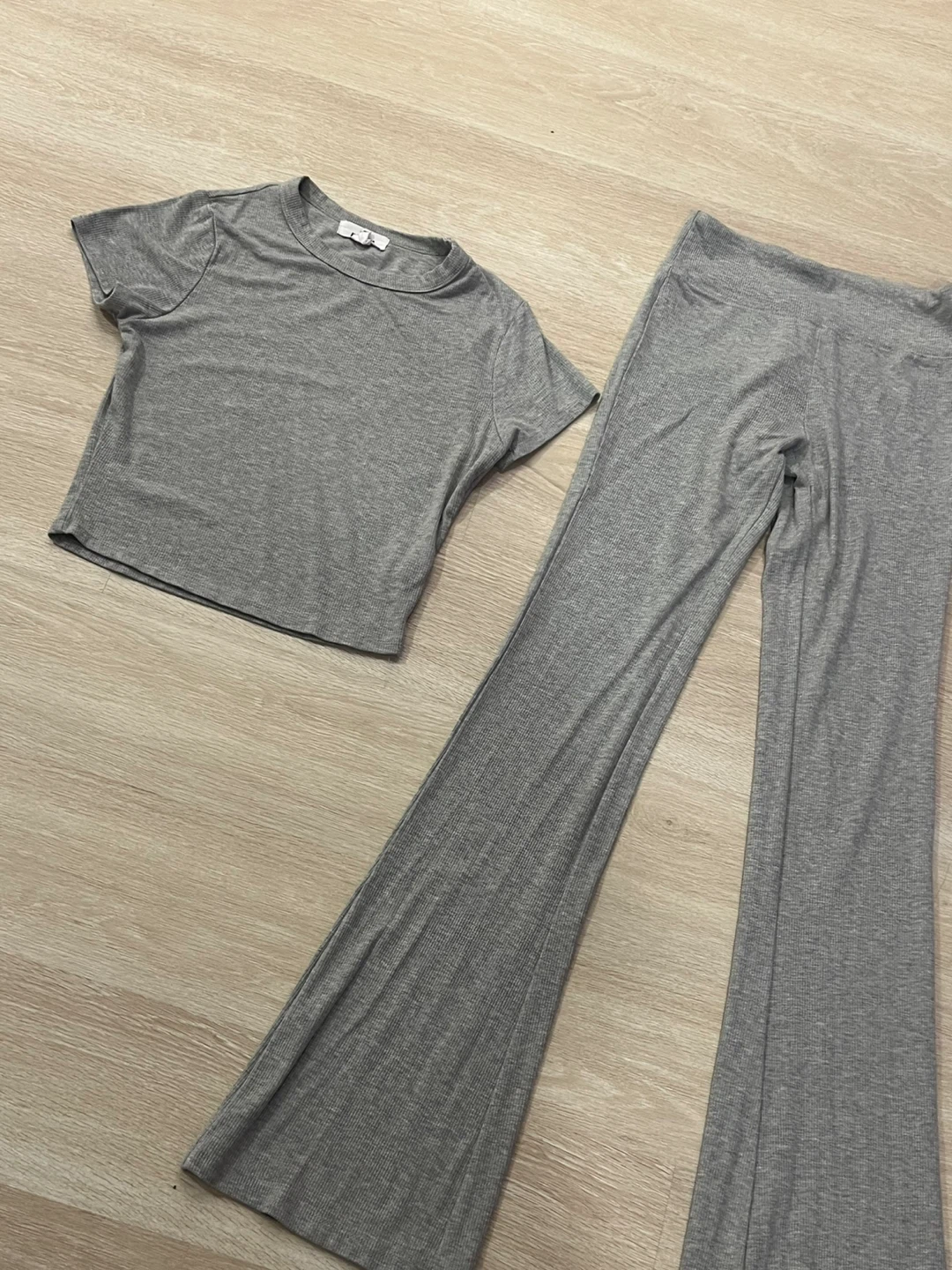 Grey Ribbed T-Shirt and Flare Pants Matching Set