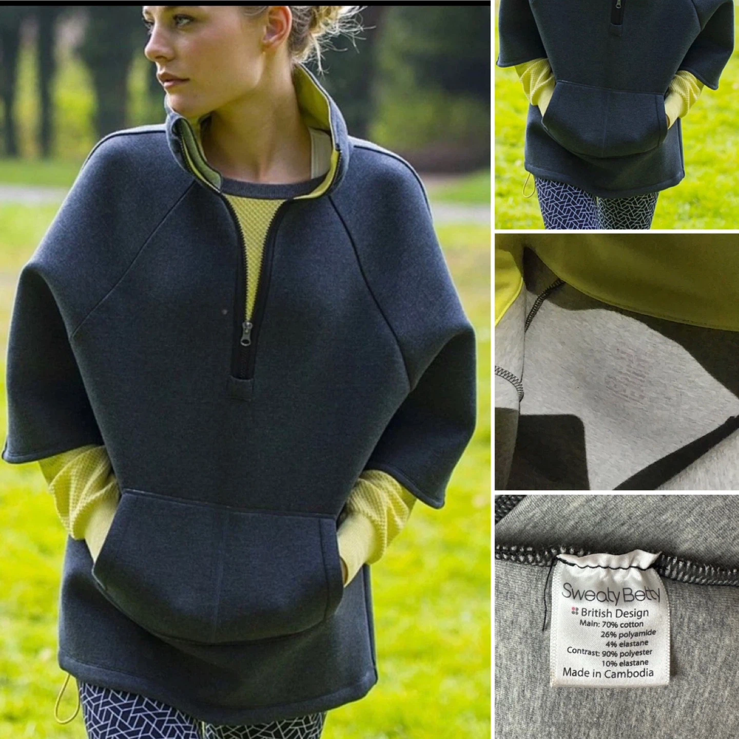 🏆 S Sweaty Betty Uplift Luxe Cape Oversize GrayNeon Front pocket - photo 2