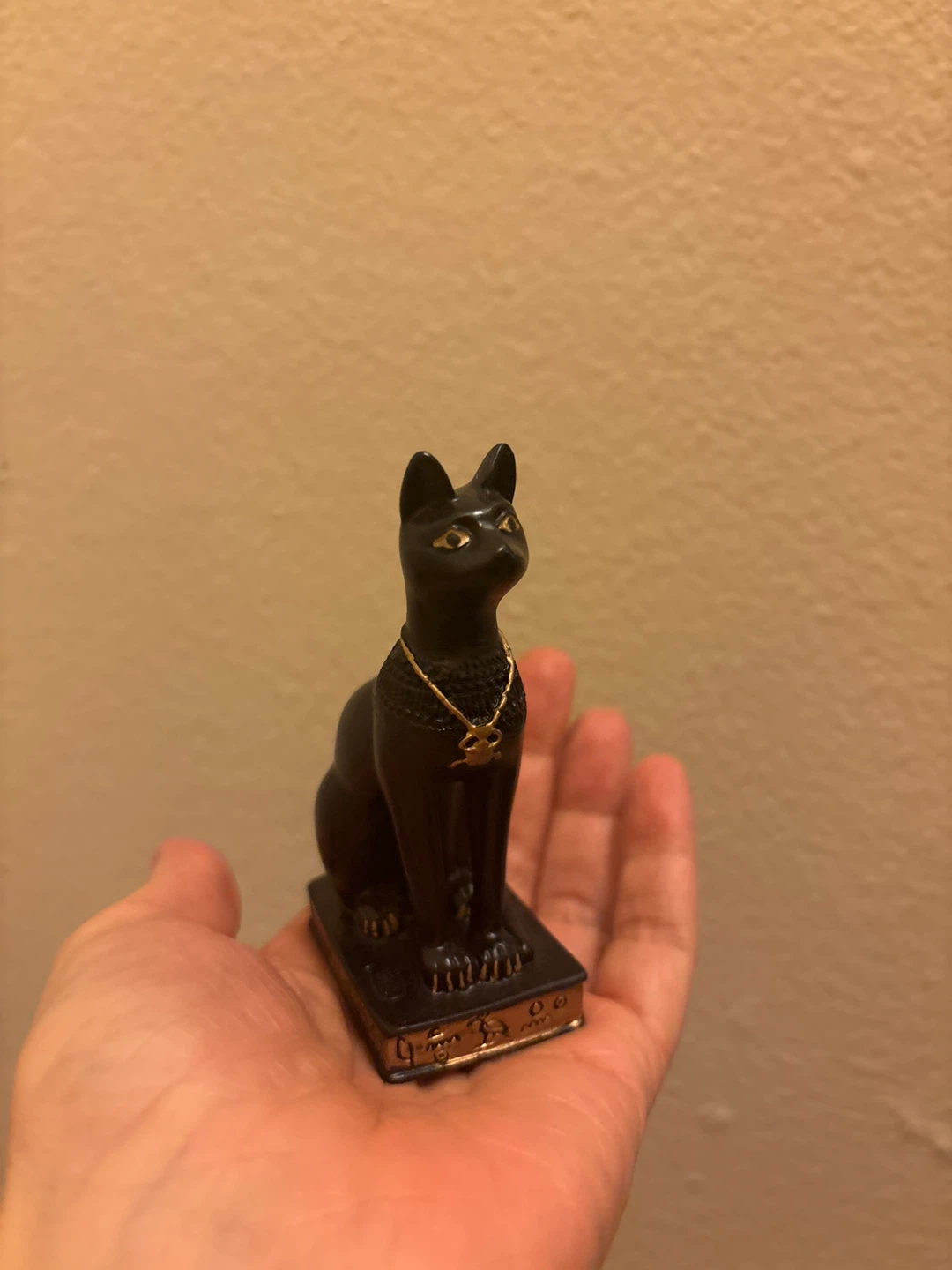 Black Egyptian Cat Figurine with Gold Necklace