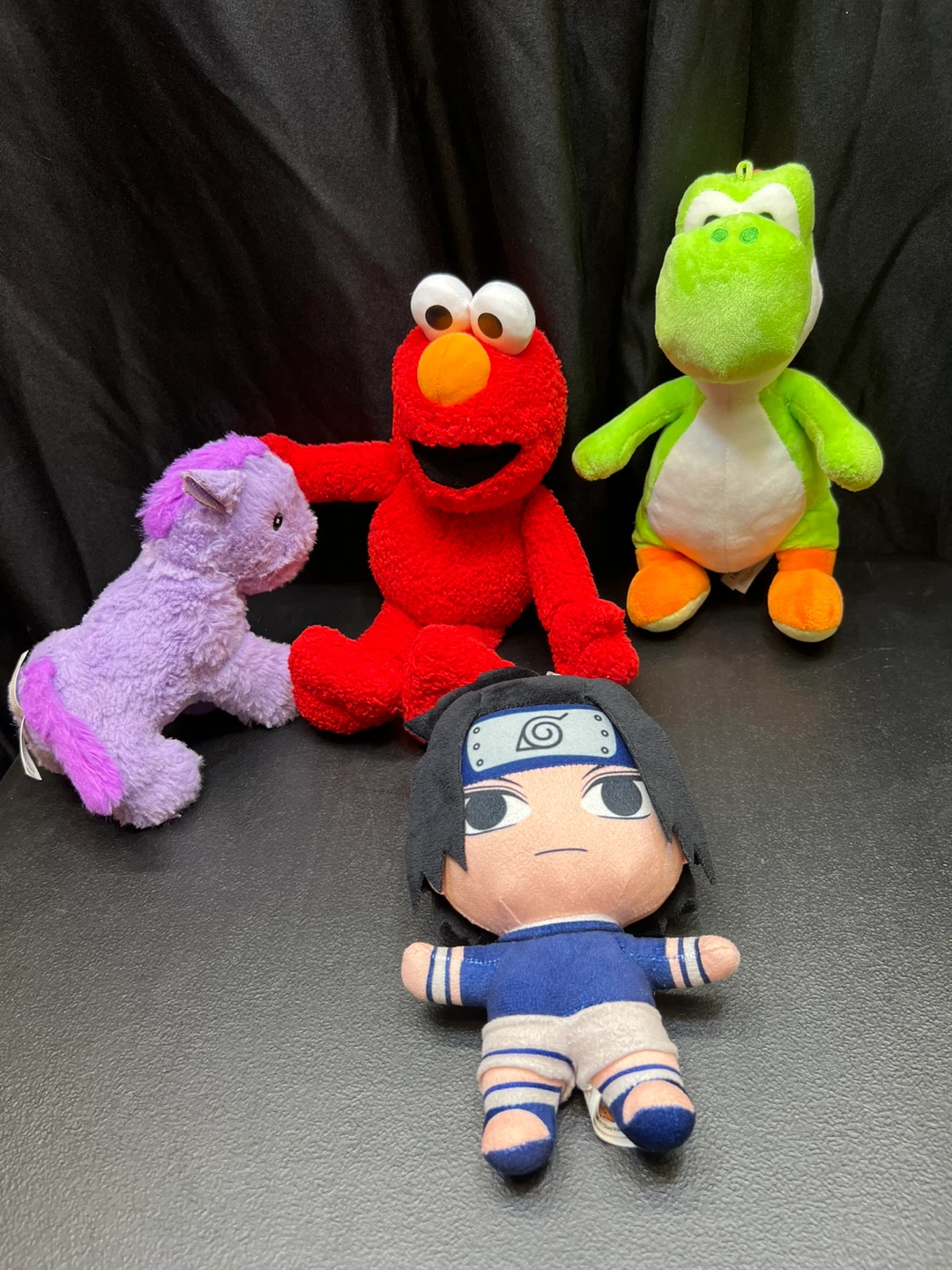 Assorted Plush Toys: Elmo, Yoshi, Pony, Sasuke