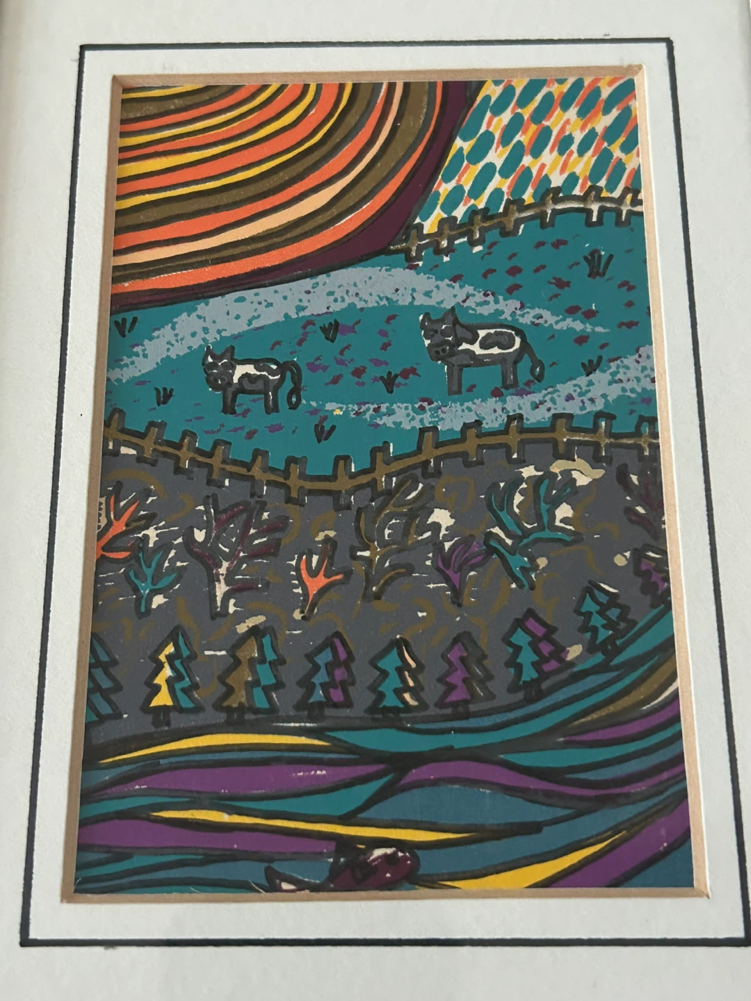🏆 Small original Whimsical Folk Art -“Pastoral Cows”  5”/7” - photo 2
