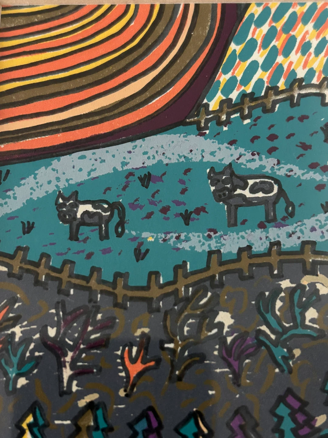 🏆 Small original Whimsical Folk Art -“Pastoral Cows”  5”/7” - photo 3