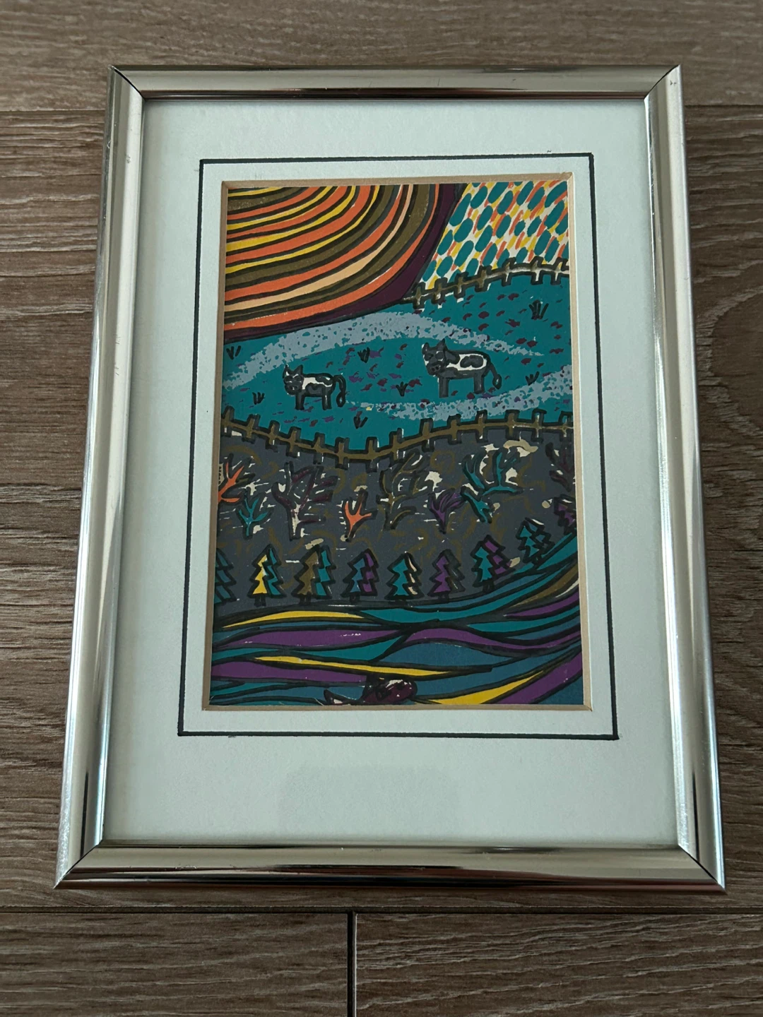 🏆 Small original Whimsical Folk Art -“Pastoral Cows”  5”/7”