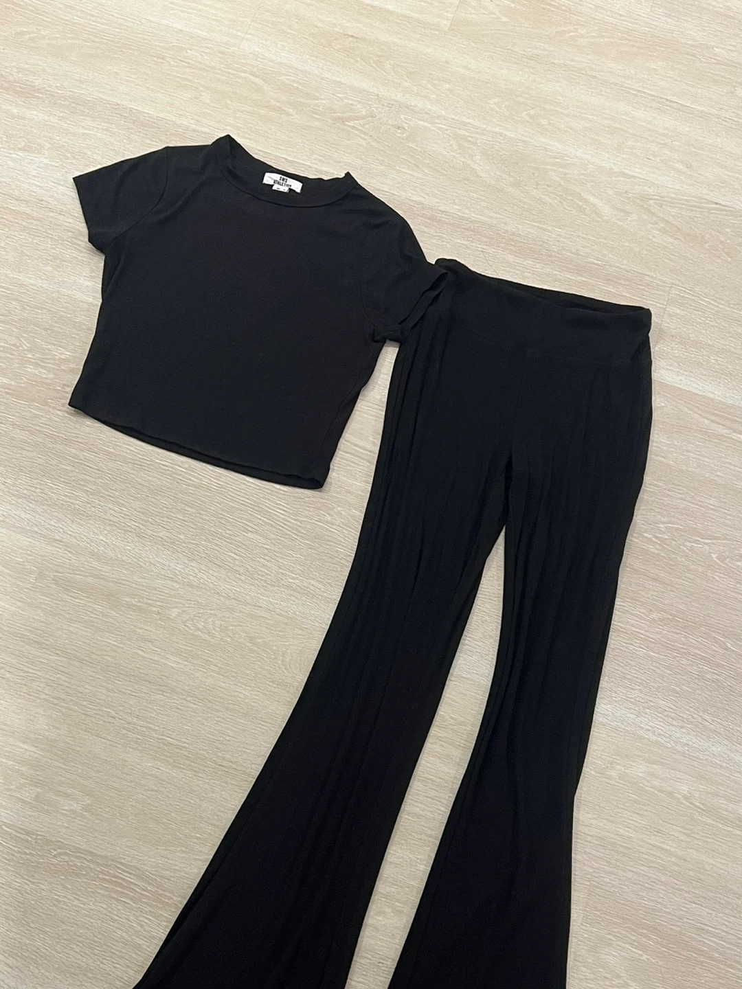 Black Ribbed Top & Flare Pants Matching Set