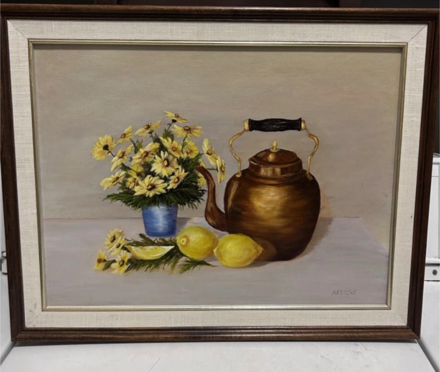 Original Oil Painting Still Life with Teapot and Lemons