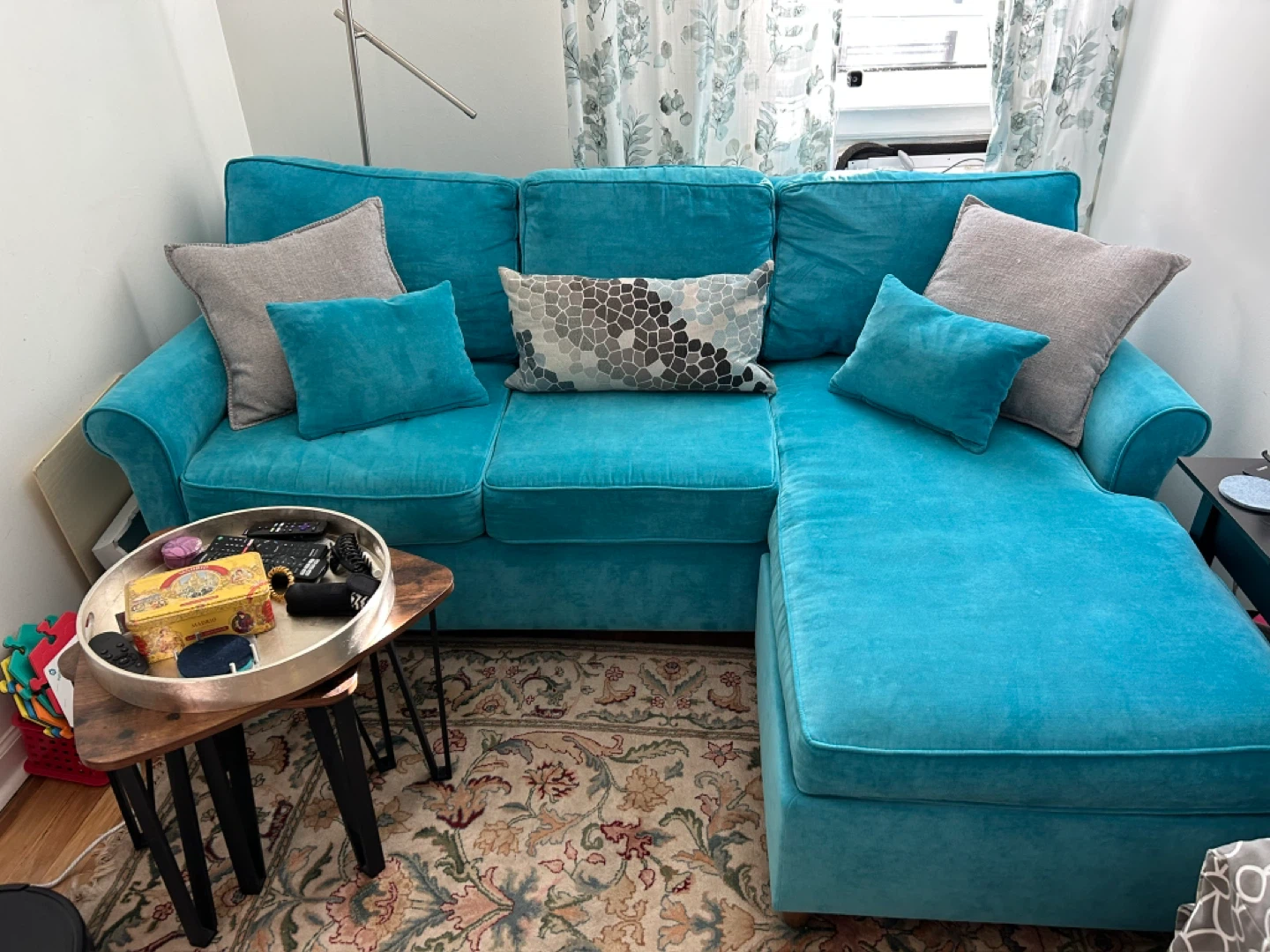 Teal Velvet Sectional Sleeper Sofa with Chaise - photo 2