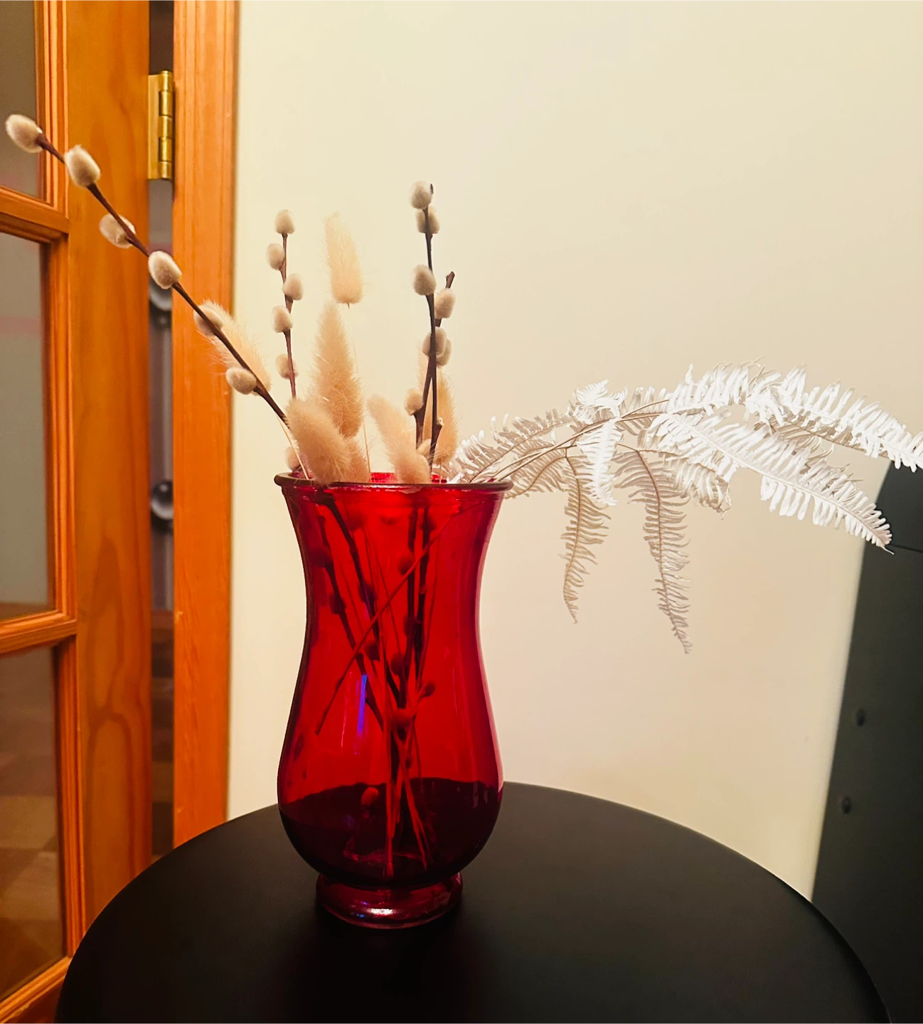 Red Glass Vase with Dried Flowers
