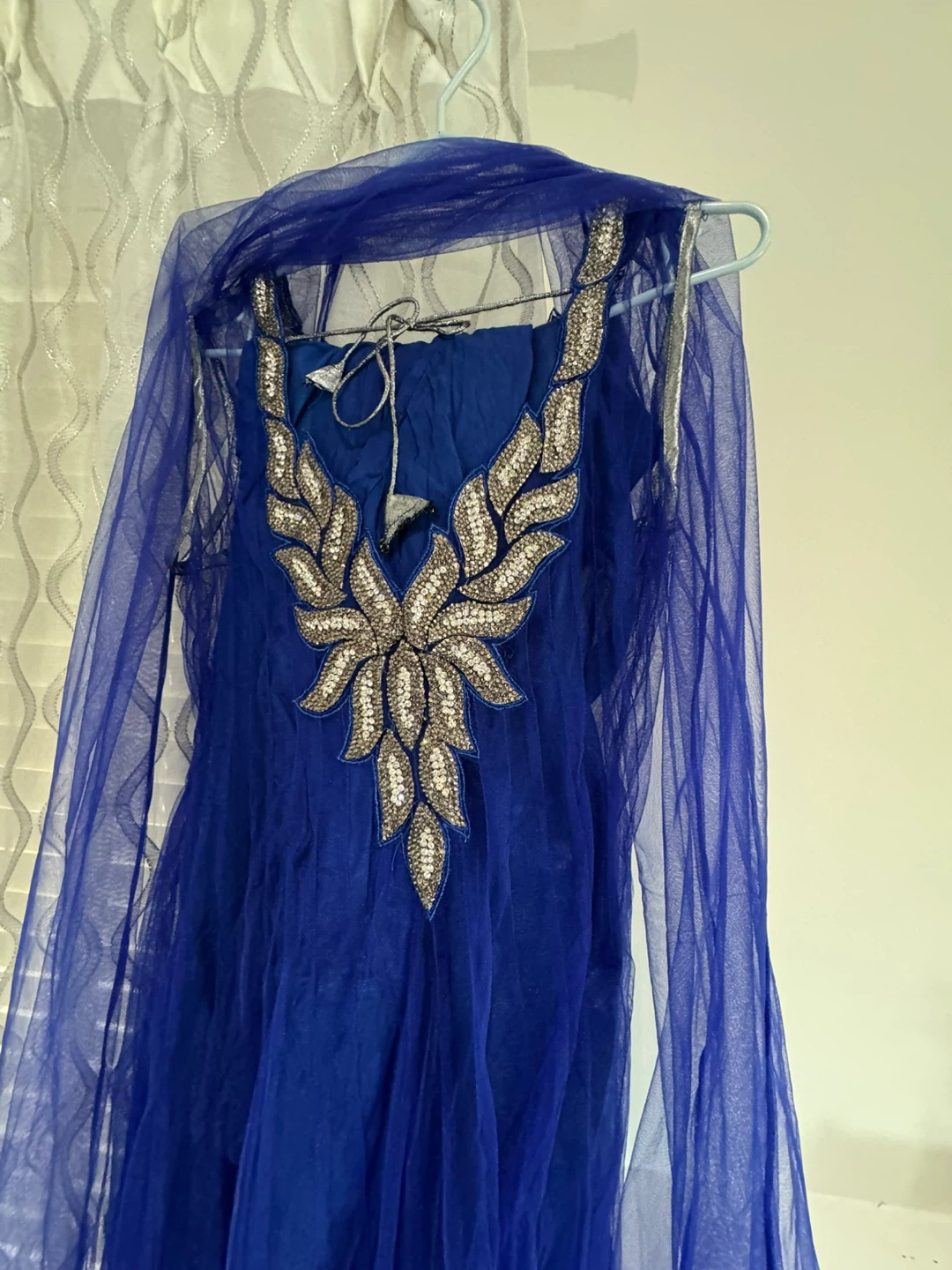 Blue Anarkali Dress with Embellished Neckline