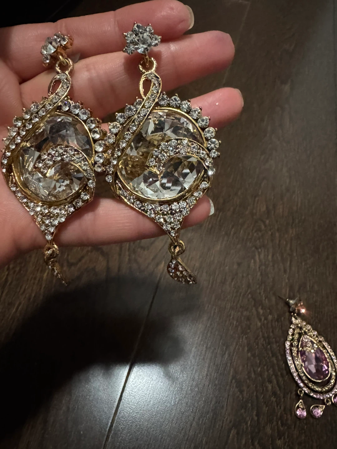 Large Gold Tone Statement Earrings with Clear Crystals - photo 4
