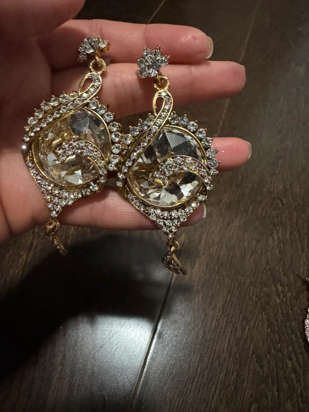 Large Gold Tone Statement Earrings with Clear Crystals - photo 3