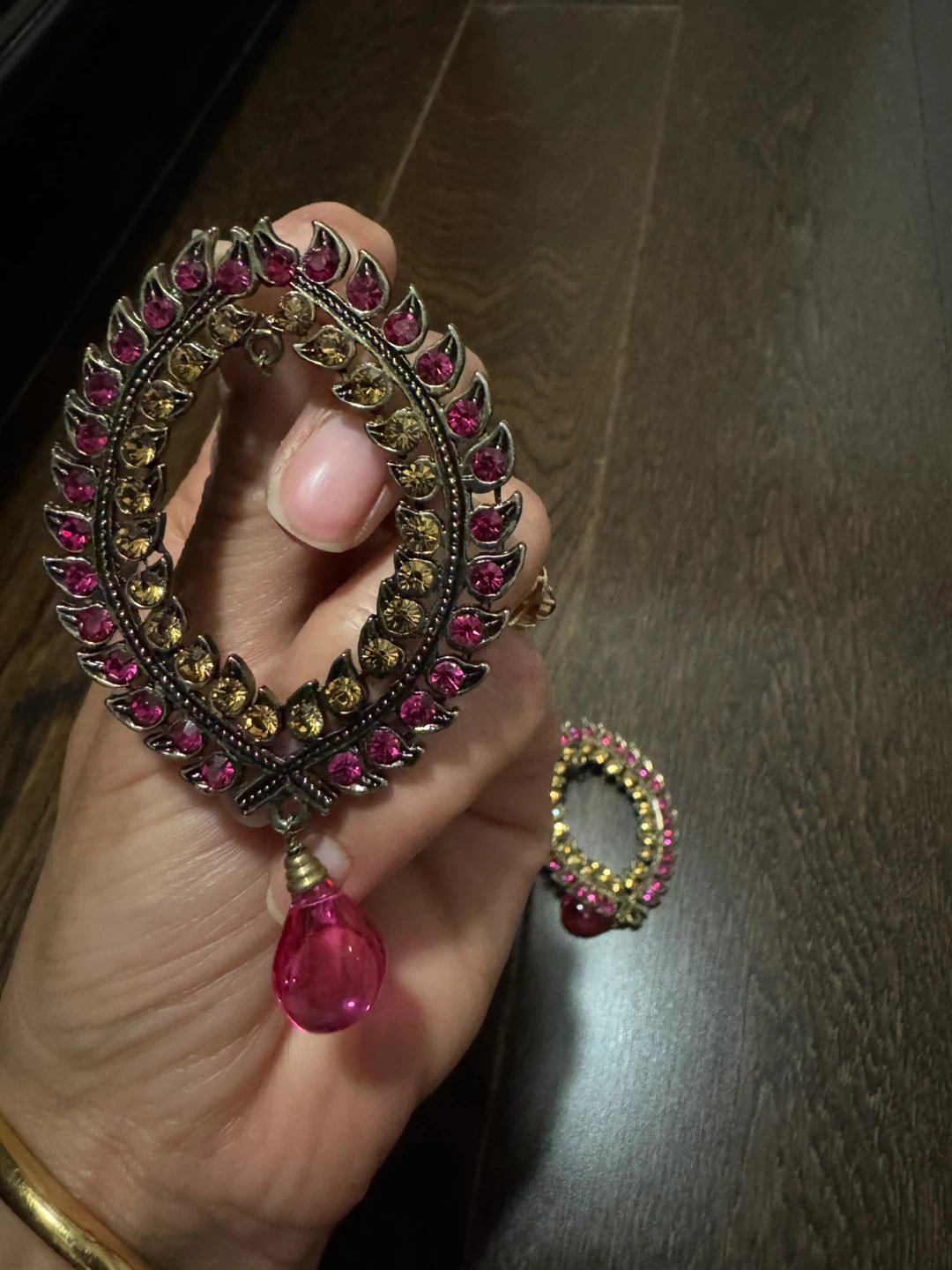 Oval Hoop Earrings with Pink Dangles - photo 4
