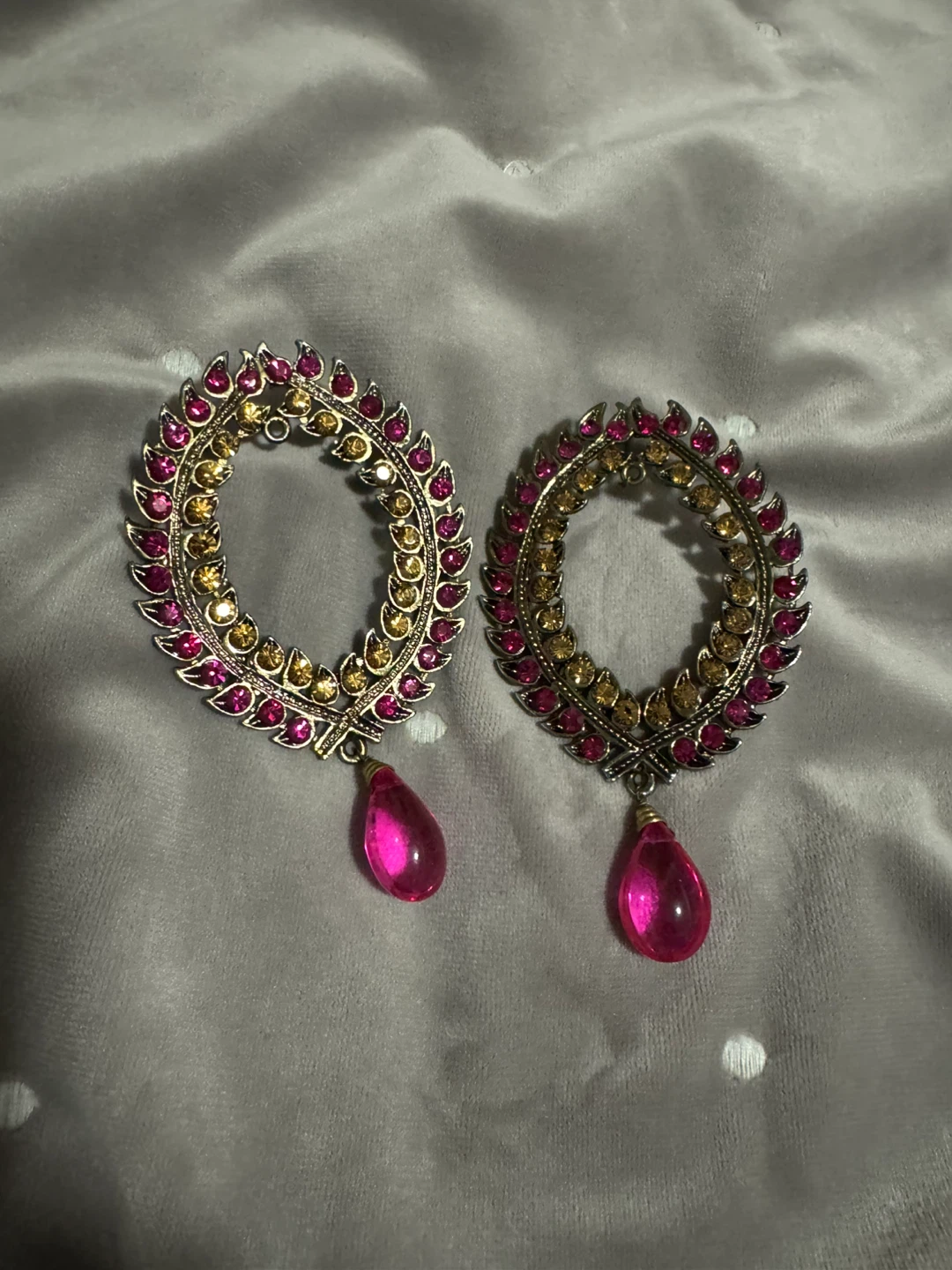 Oval Hoop Earrings with Pink Dangles