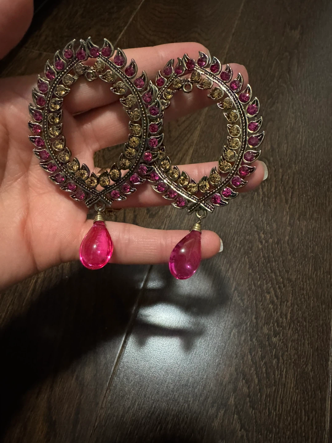 Oval Hoop Earrings with Pink Dangles - photo 3