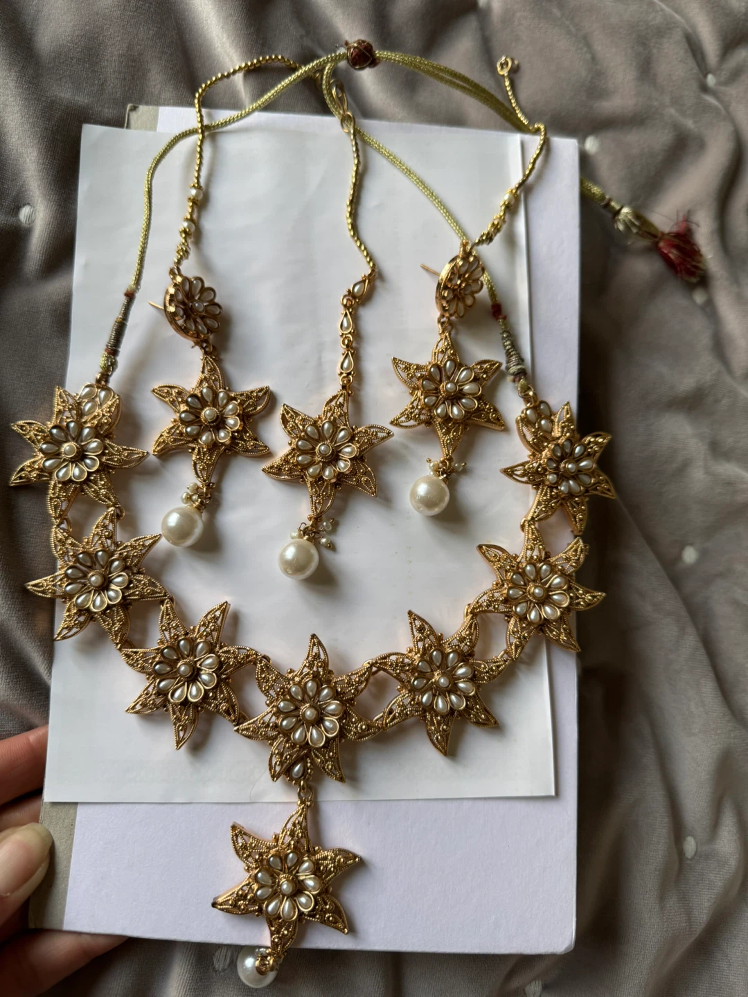 Gold Tone Star Necklace and Earring Set with Pearls - photo 2