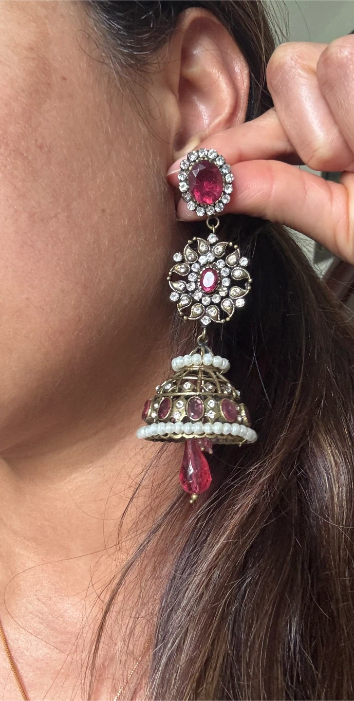 Ornate Jhumka Earrings with Red and White Stones - photo 5