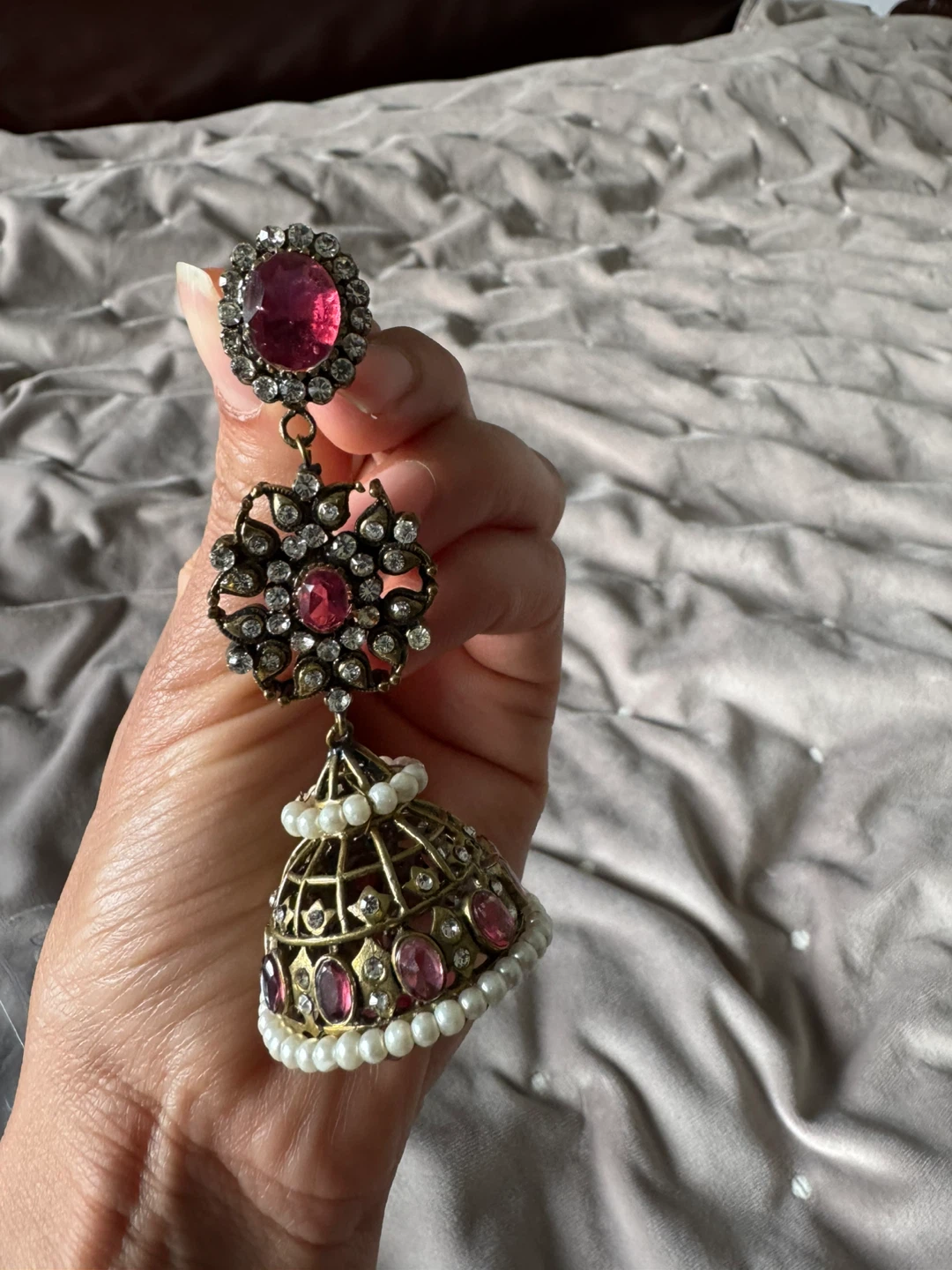 Ornate Jhumka Earrings with Red and White Stones - photo 3
