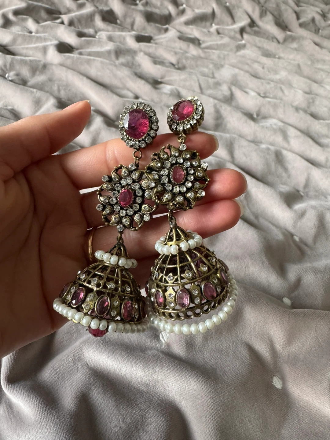 Ornate Jhumka Earrings with Red and White Stones