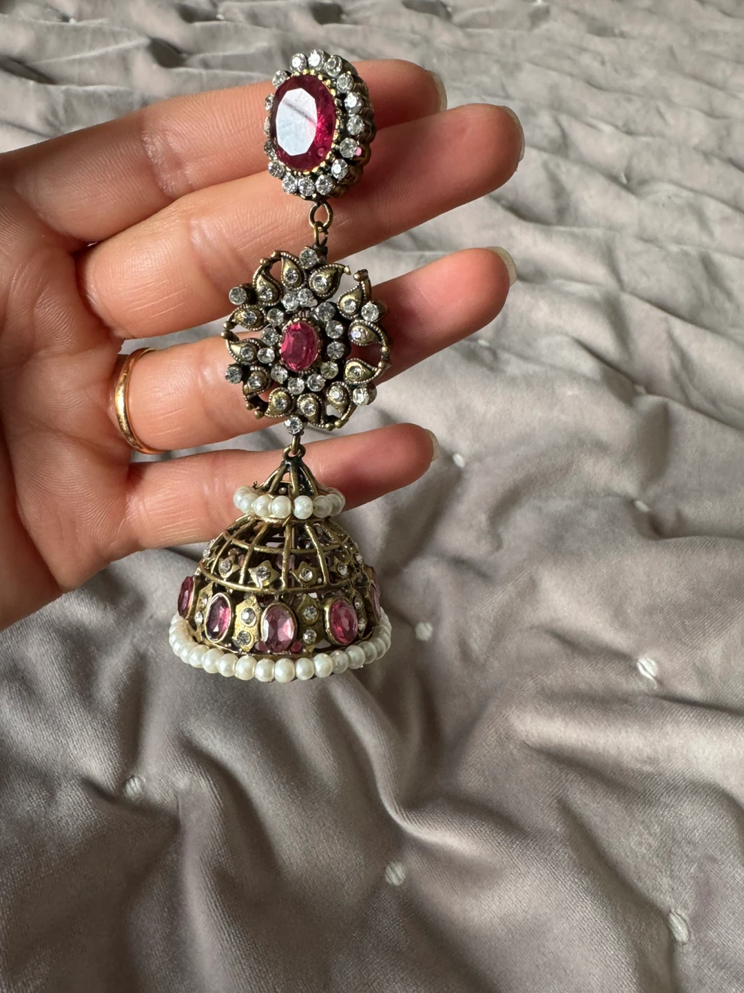 Ornate Jhumka Earrings with Red and White Stones - photo 4