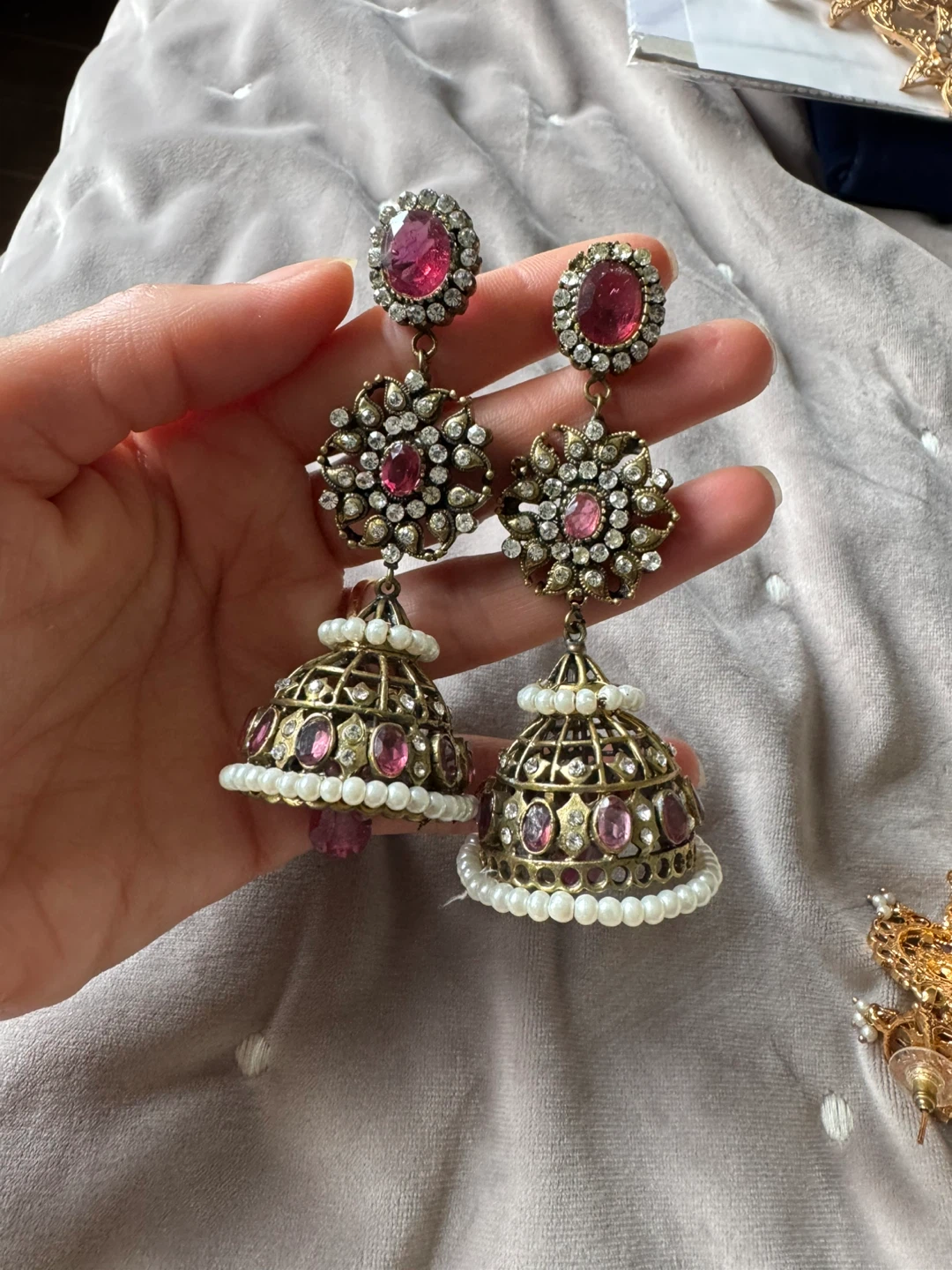 Ornate Jhumka Earrings with Red and White Stones - photo 2