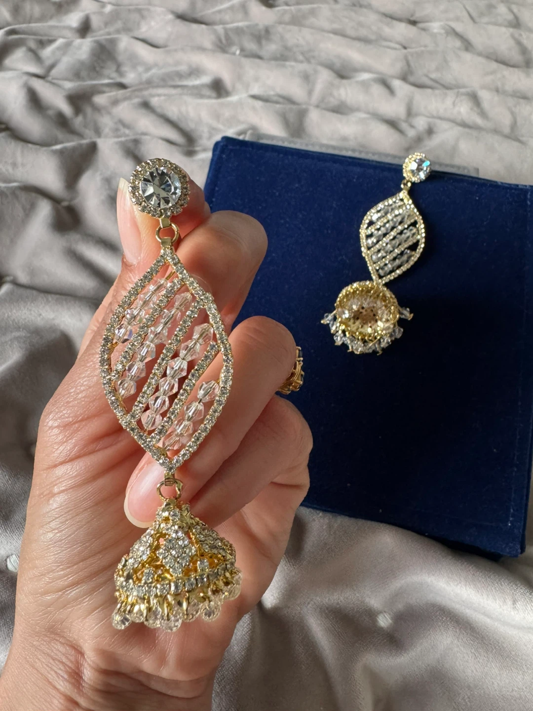 Gold Jhumka Earrings with Clear Crystals - photo 5