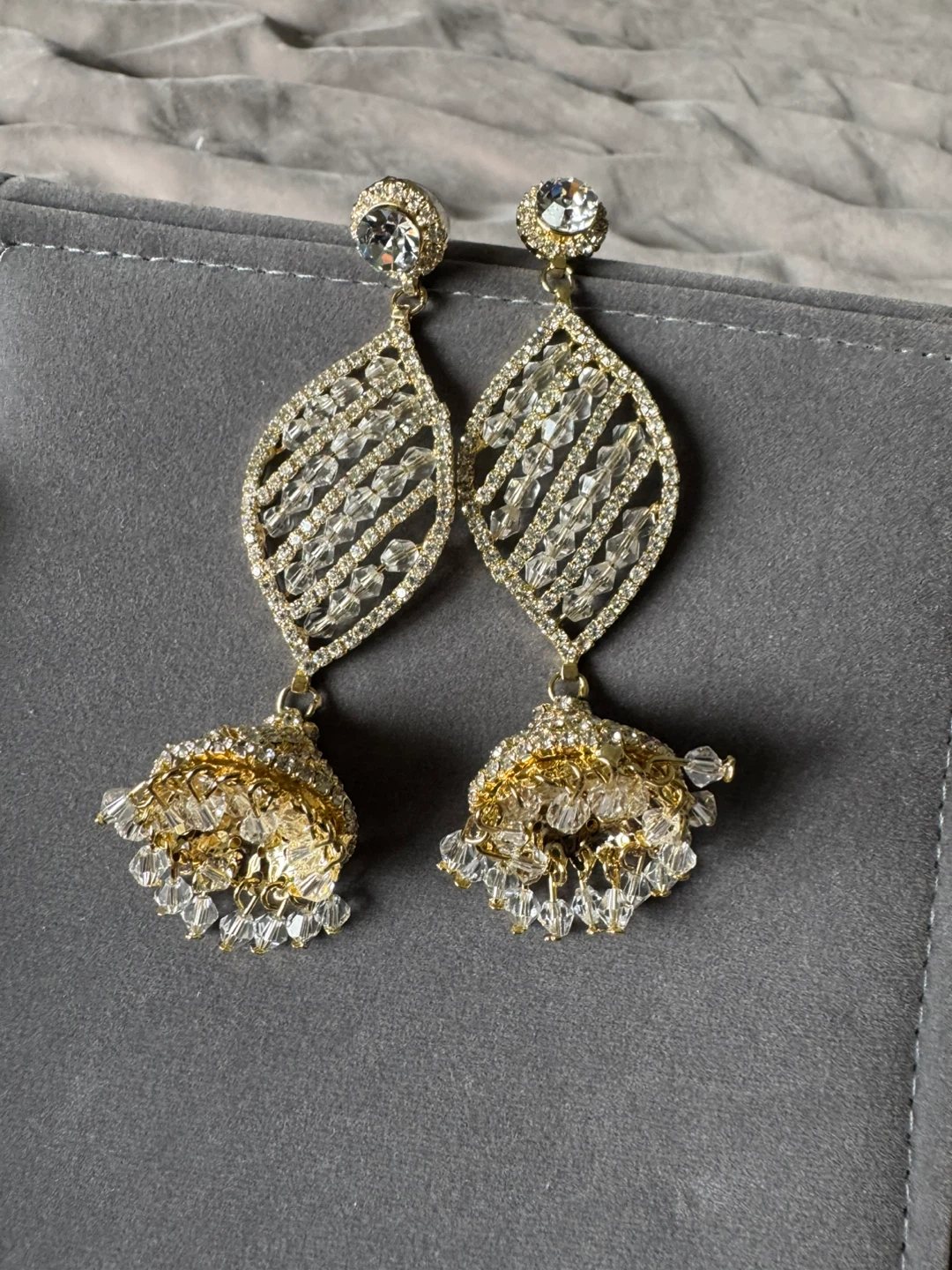 Gold Jhumka Earrings with Clear Crystals - photo 3