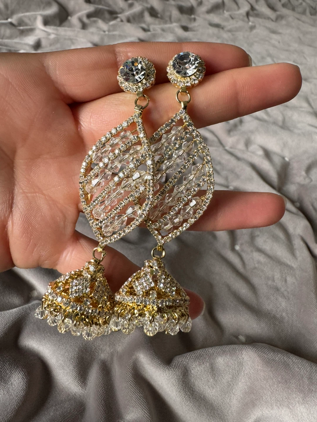 Gold Jhumka Earrings with Clear Crystals