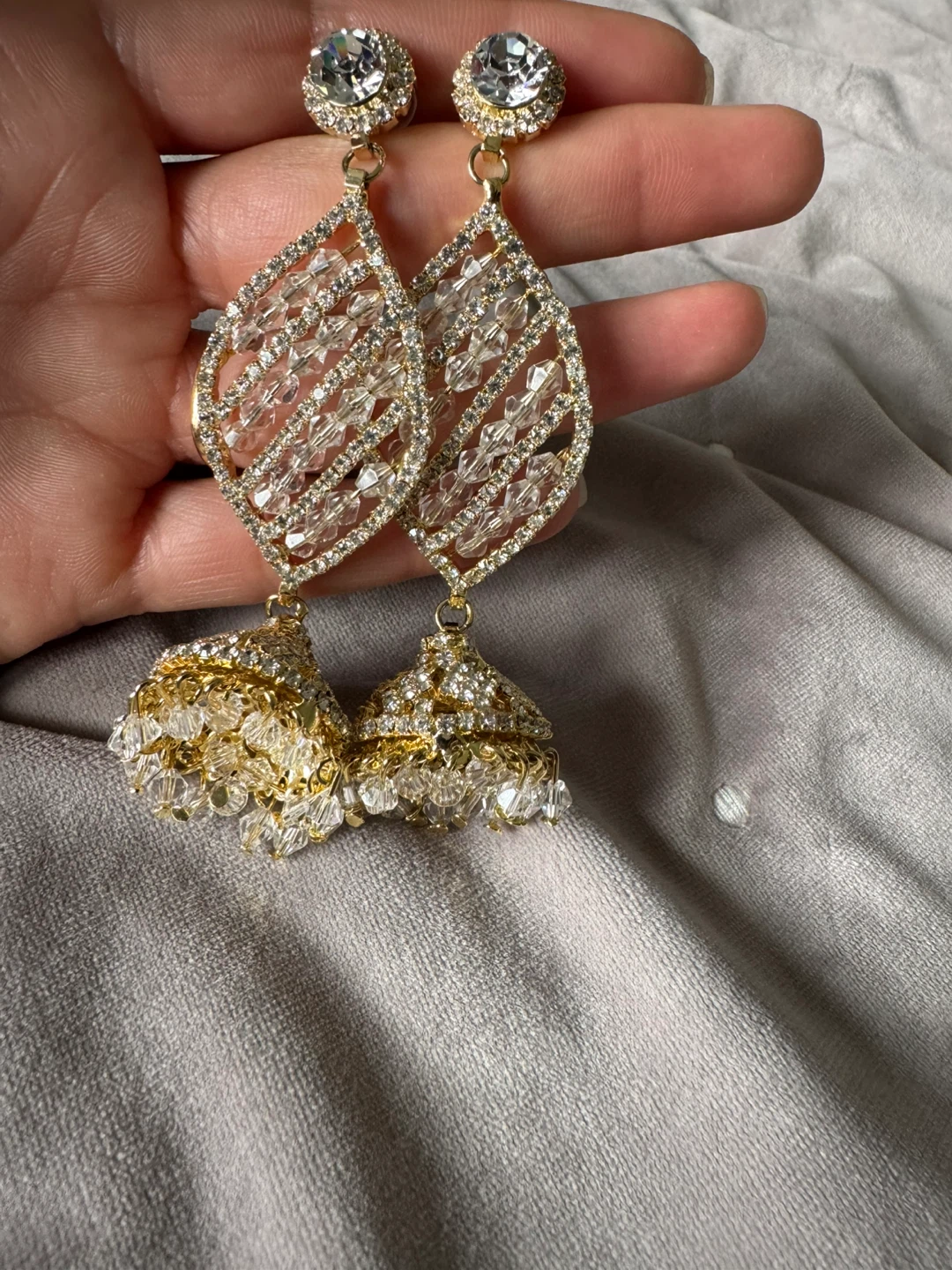 Gold Jhumka Earrings with Clear Crystals - photo 2