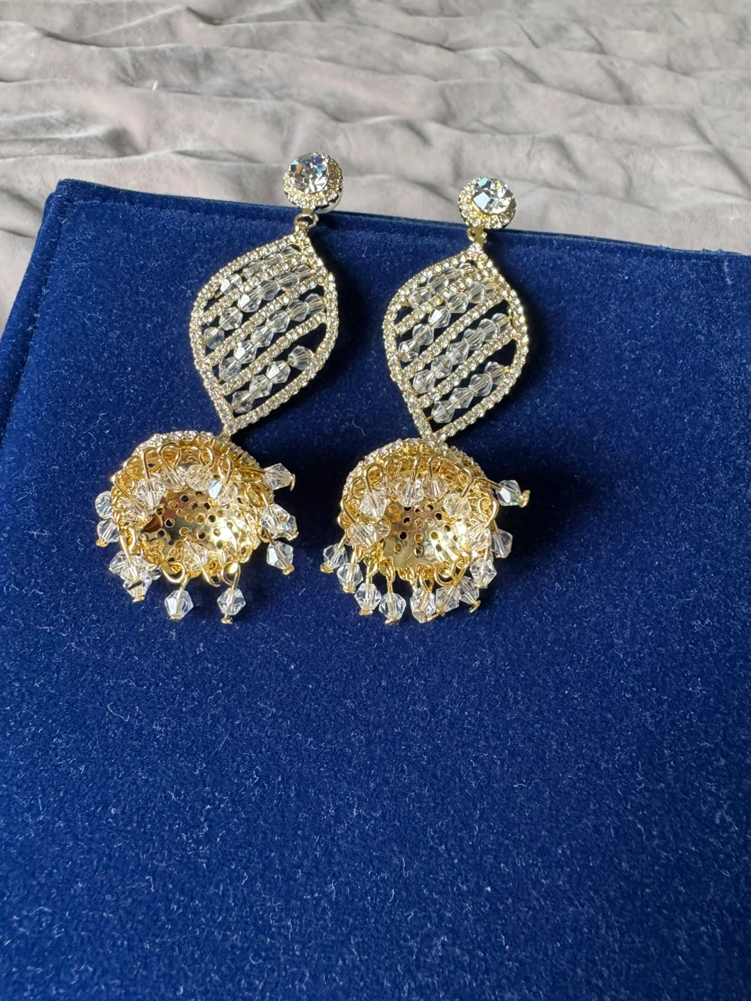 Gold Jhumka Earrings with Clear Crystals - photo 4