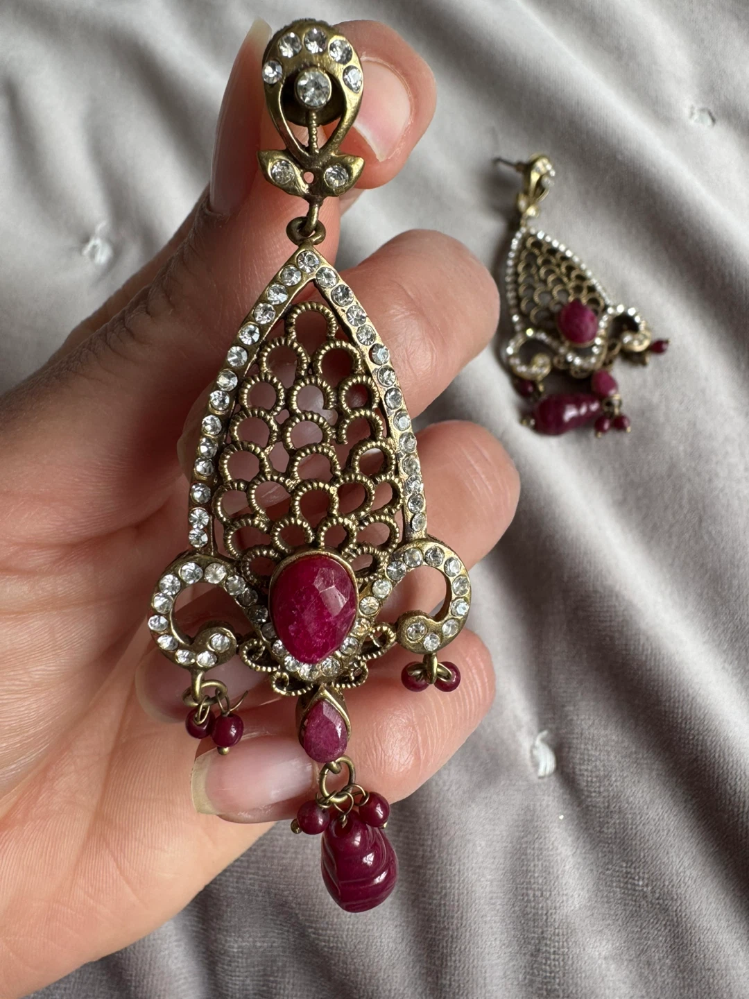 Ornate Gold-Tone Dangle Earrings with Red Stones and Crystals - photo 4