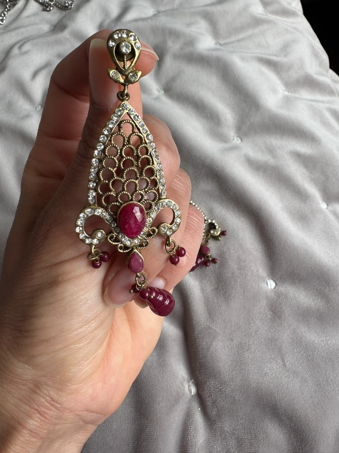 Ornate Gold-Tone Dangle Earrings with Red Stones and Crystals - photo 2