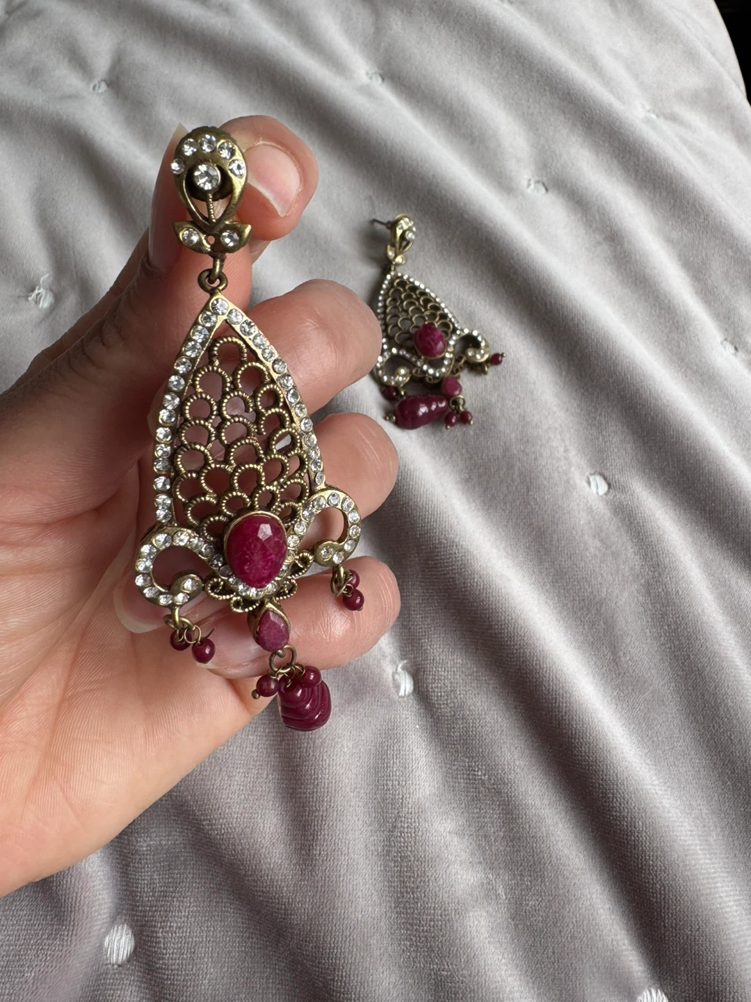 Ornate Gold-Tone Dangle Earrings with Red Stones and Crystals - photo 3