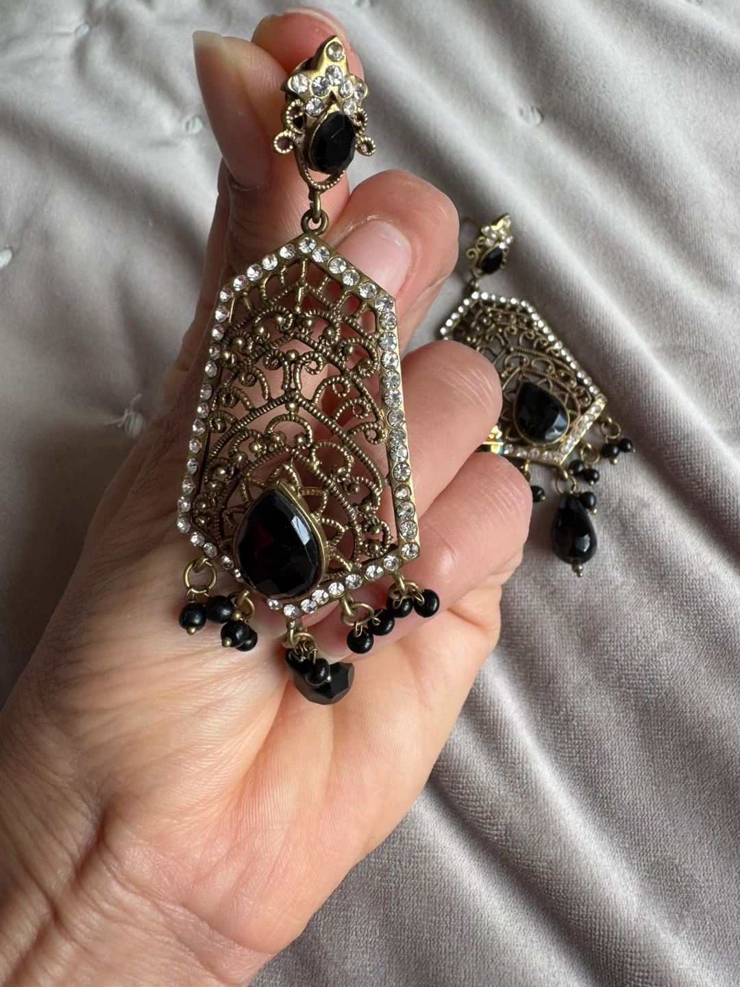 Gold Tone Filigree Dangle Earrings with Black Gems - photo 2