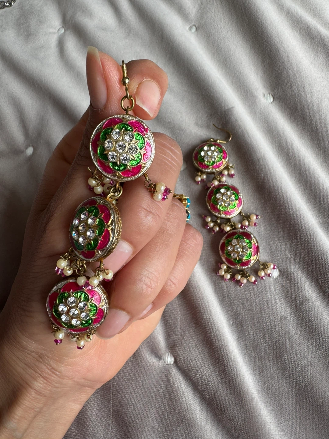 Statement Dangle Earrings - Pink, Green & Gold with Rhinestones - photo 4