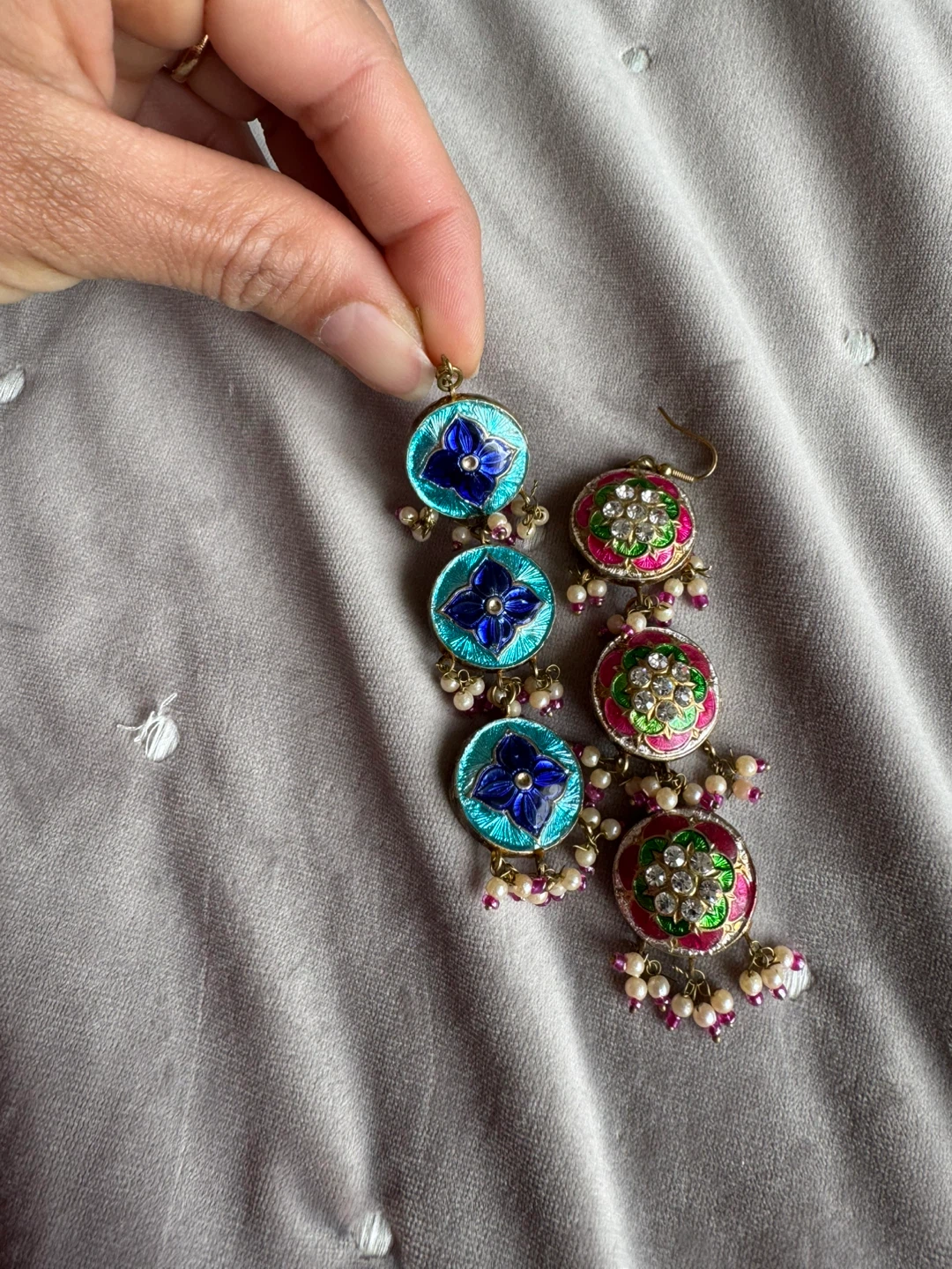 Statement Dangle Earrings - Pink, Green & Gold with Rhinestones - photo 2