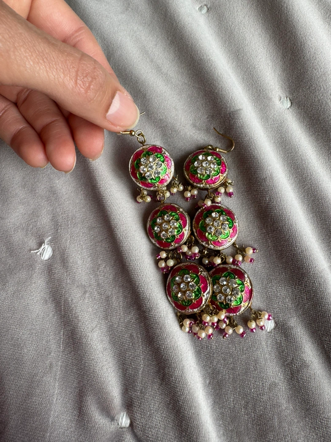 Statement Dangle Earrings - Pink, Green & Gold with Rhinestones - photo 3