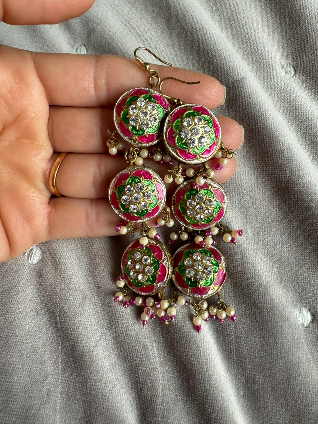 Statement Dangle Earrings - Pink, Green & Gold with Rhinestones