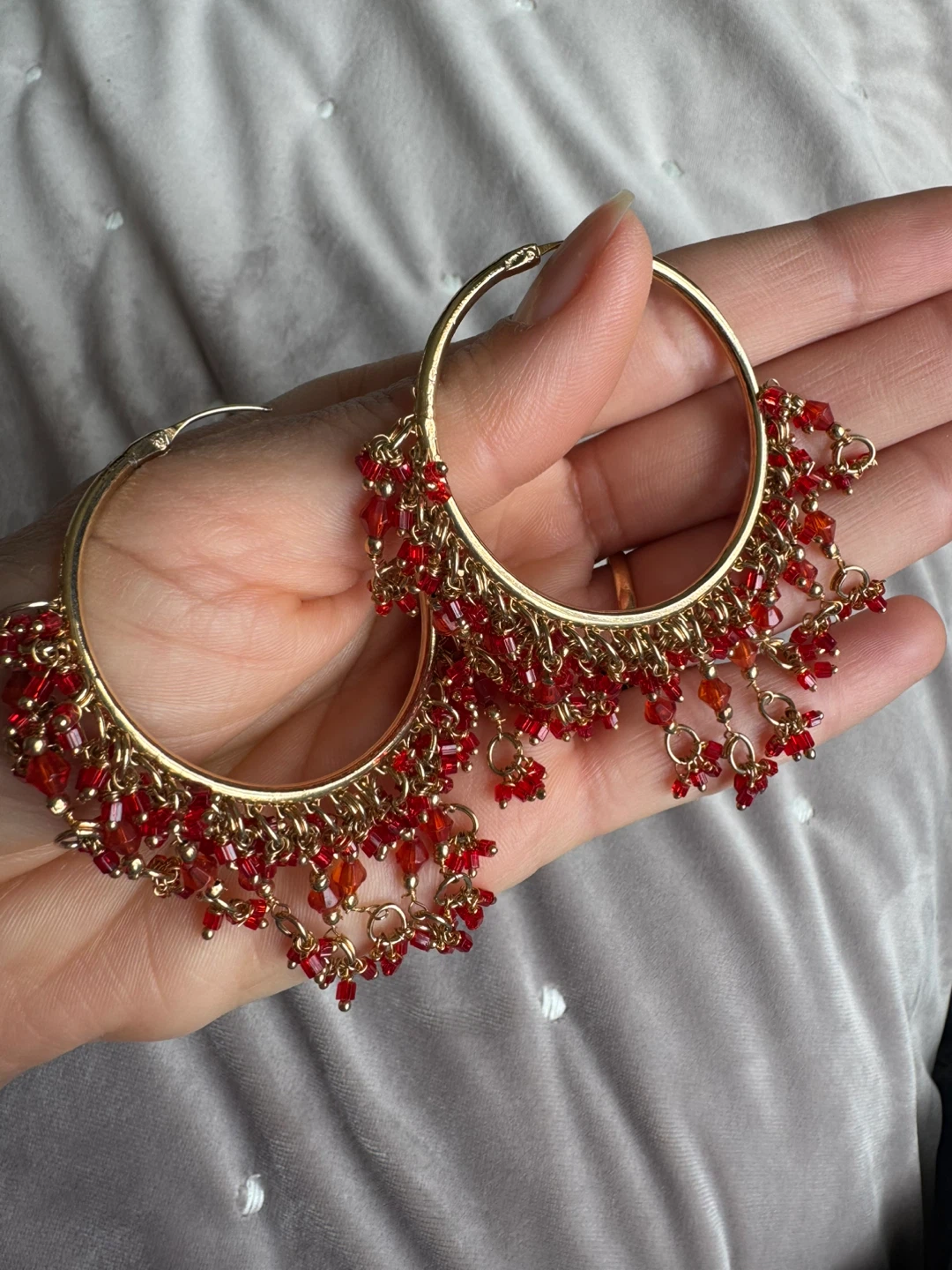 Gold Hoop Earrings with Red Beads - photo 3