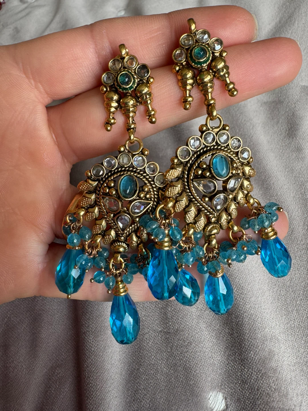 Gold-tone Chandelier Earrings with Blue Gemstones