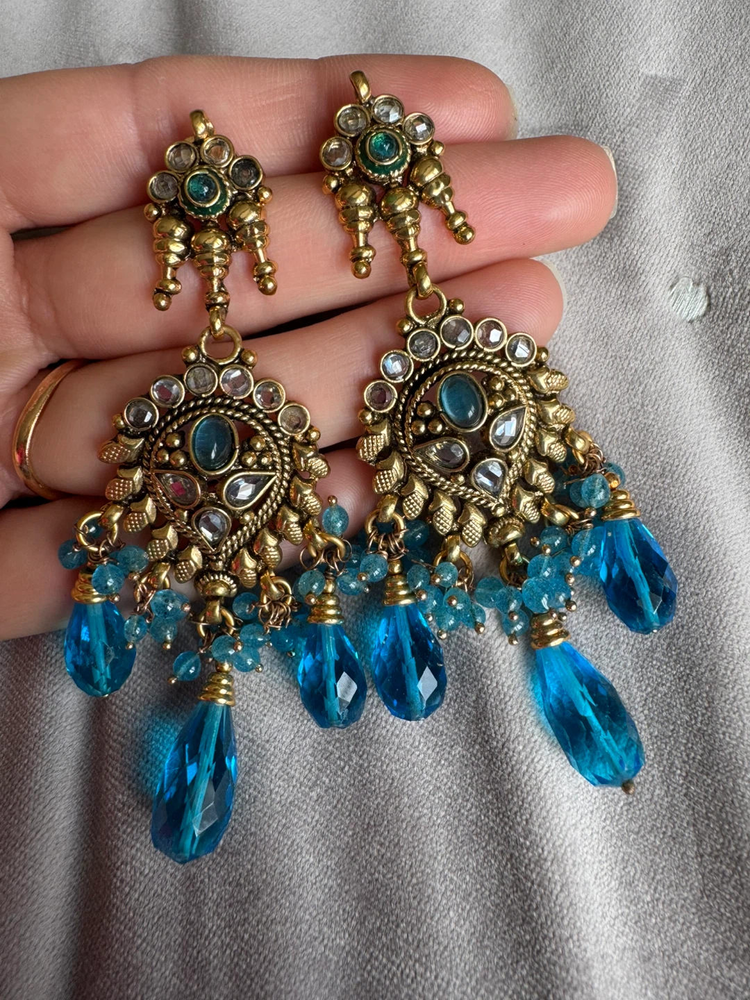 Gold-tone Chandelier Earrings with Blue Gemstones - photo 3