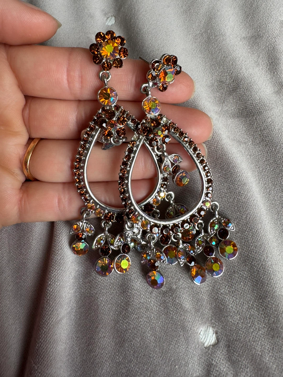 Sparkly Chandelier Earrings with Brown and Orange Gems