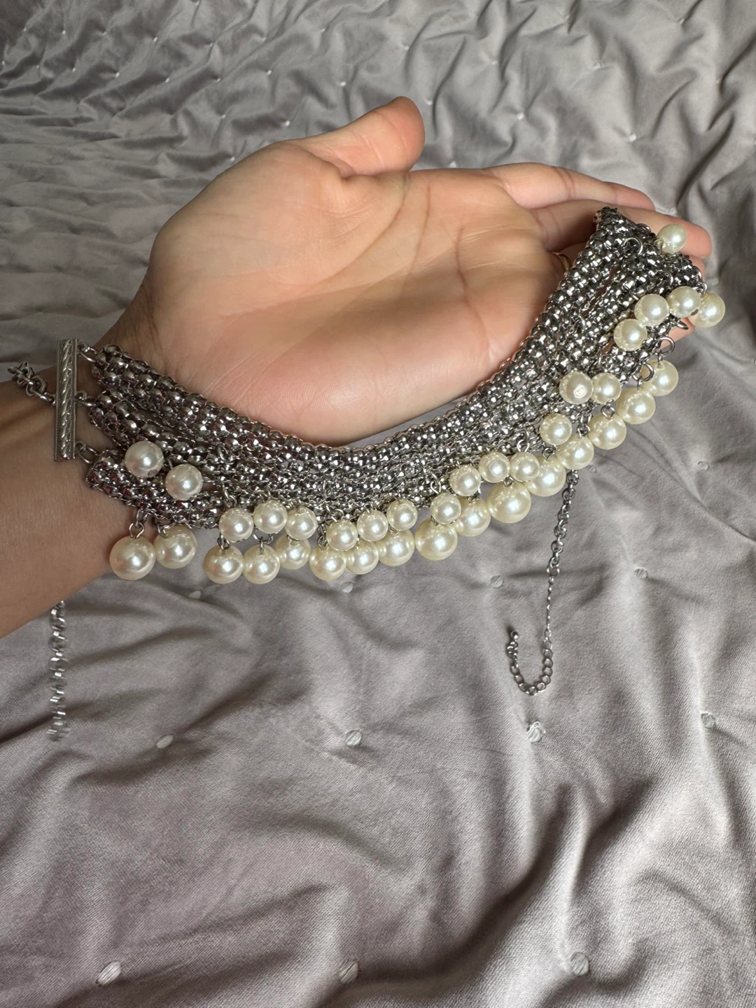 Silver Chain and Pearl Choker Necklace