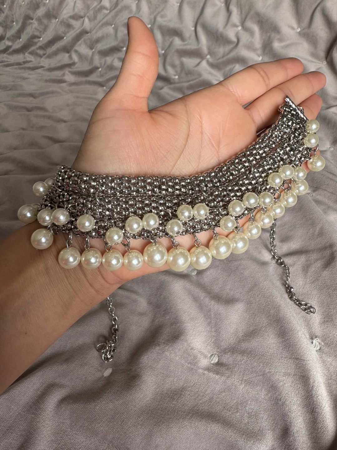 Silver Chain and Pearl Choker Necklace - photo 2