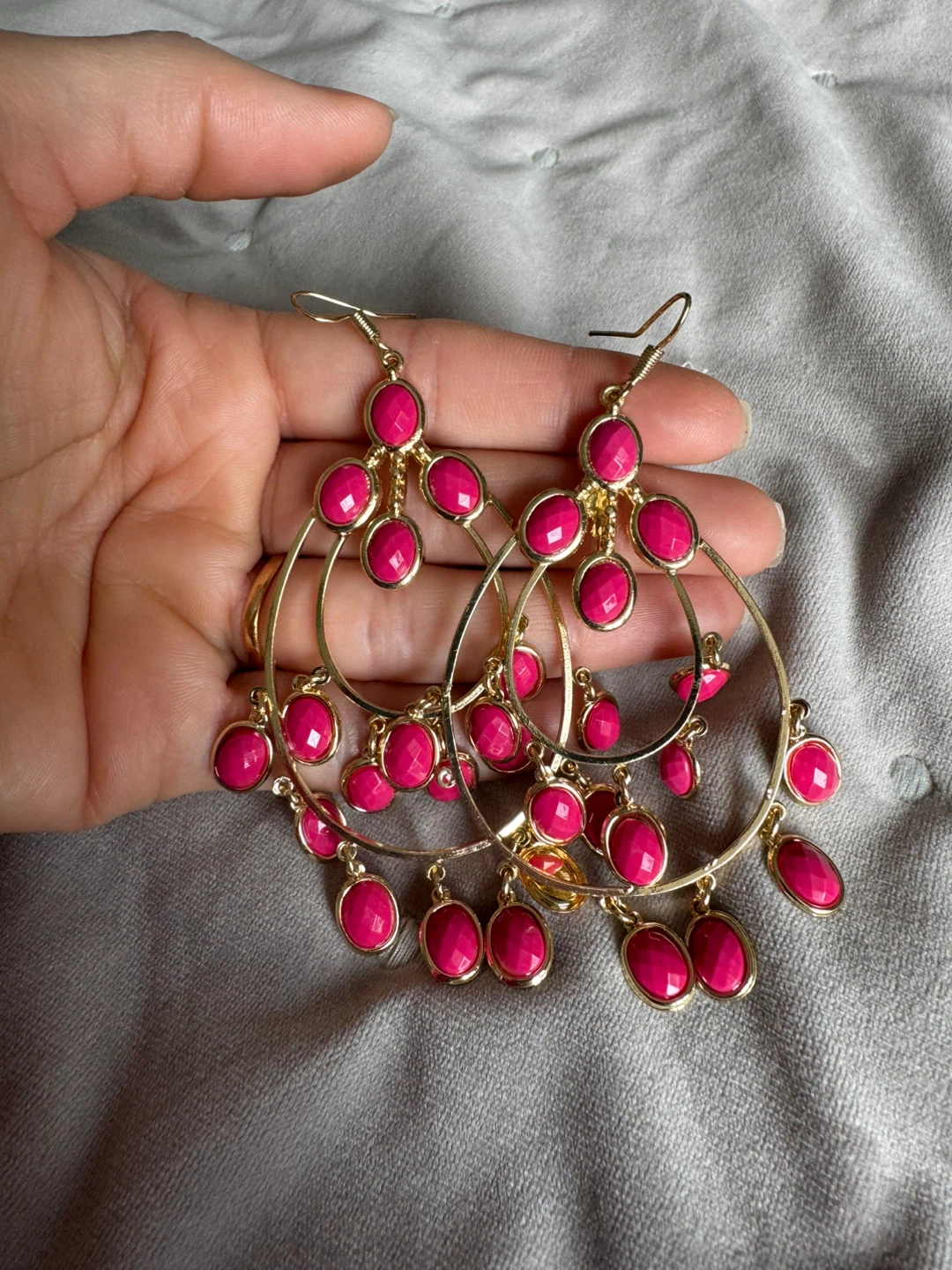 Gold Tone Chandelier Earrings with Pink Beads