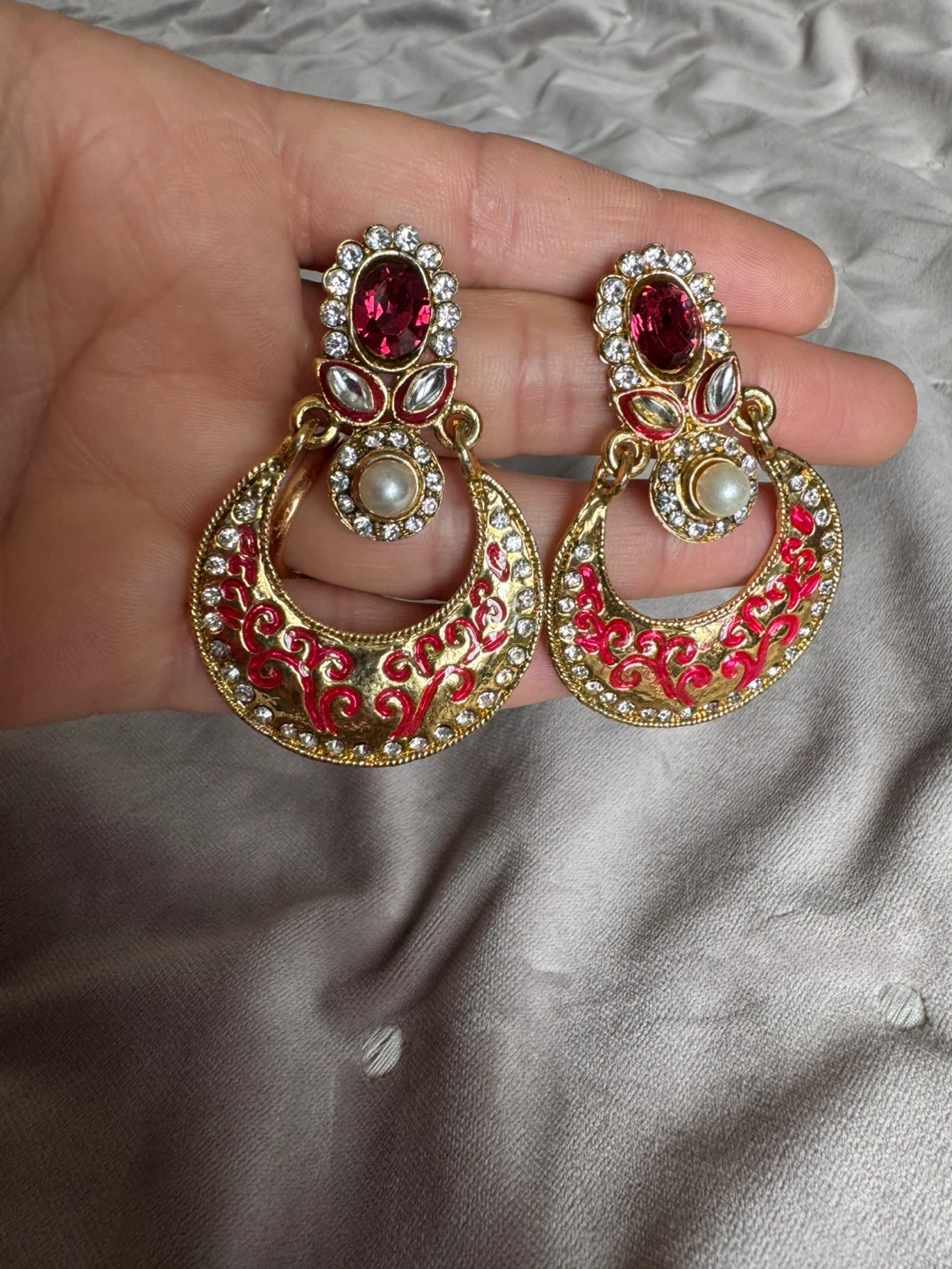 Gold Tone Red and White Gemstone Dangle Earrings