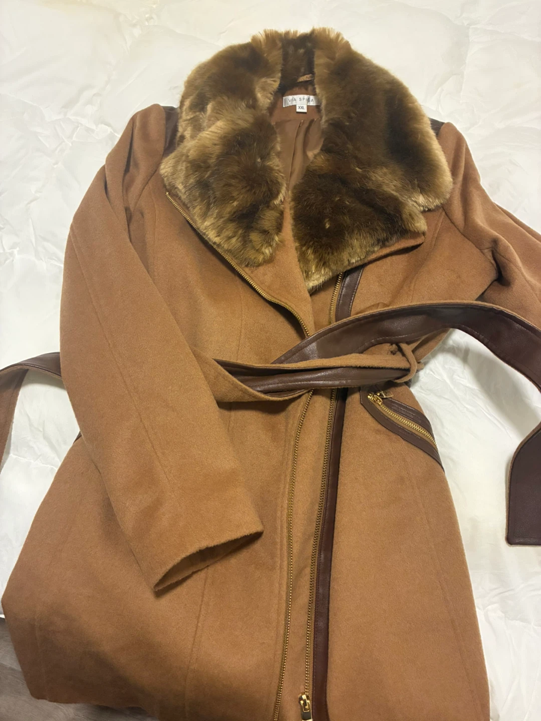 Via Spiga Brown Wool Blend Coat with Fur Collar - XXL