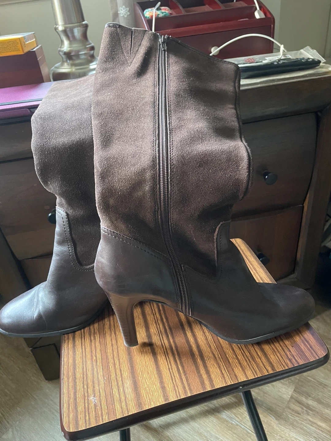 Brown Suede and Leather Heeled Boots