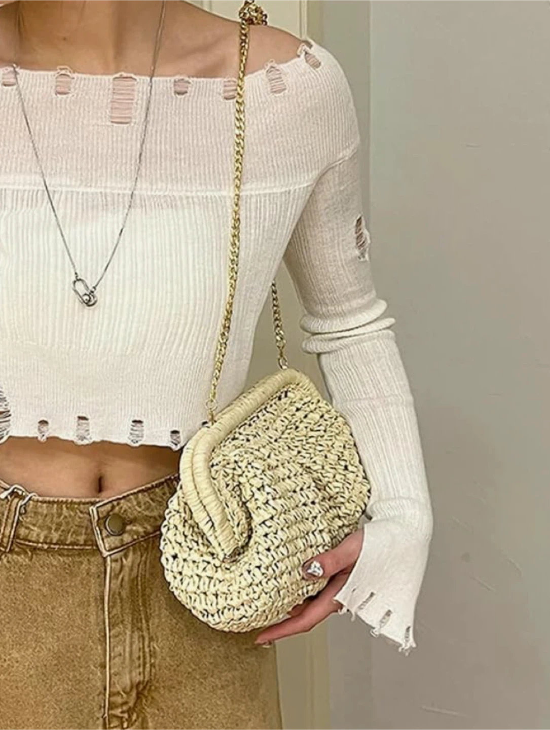 Woven Straw Clutch Bag with Chain Strap - photo 4