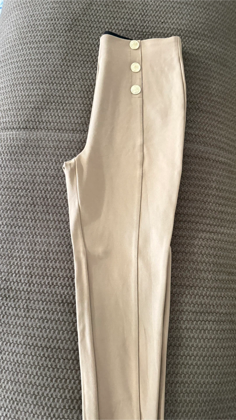 Beige High-Waisted Pants with Gold Button Detail