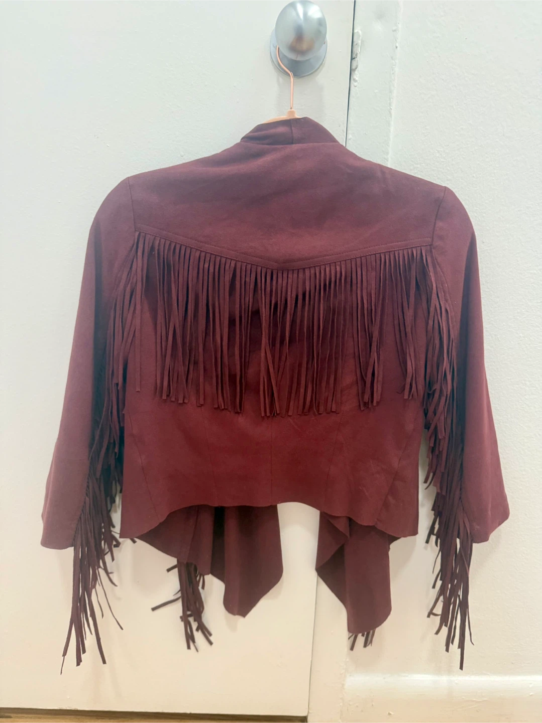 Womens Burgundy Faux Suede Fringe Jacket
